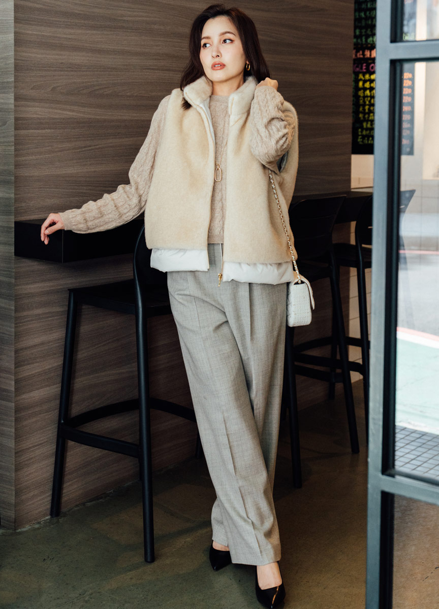 法蘭絨條紋綁帶寬褲